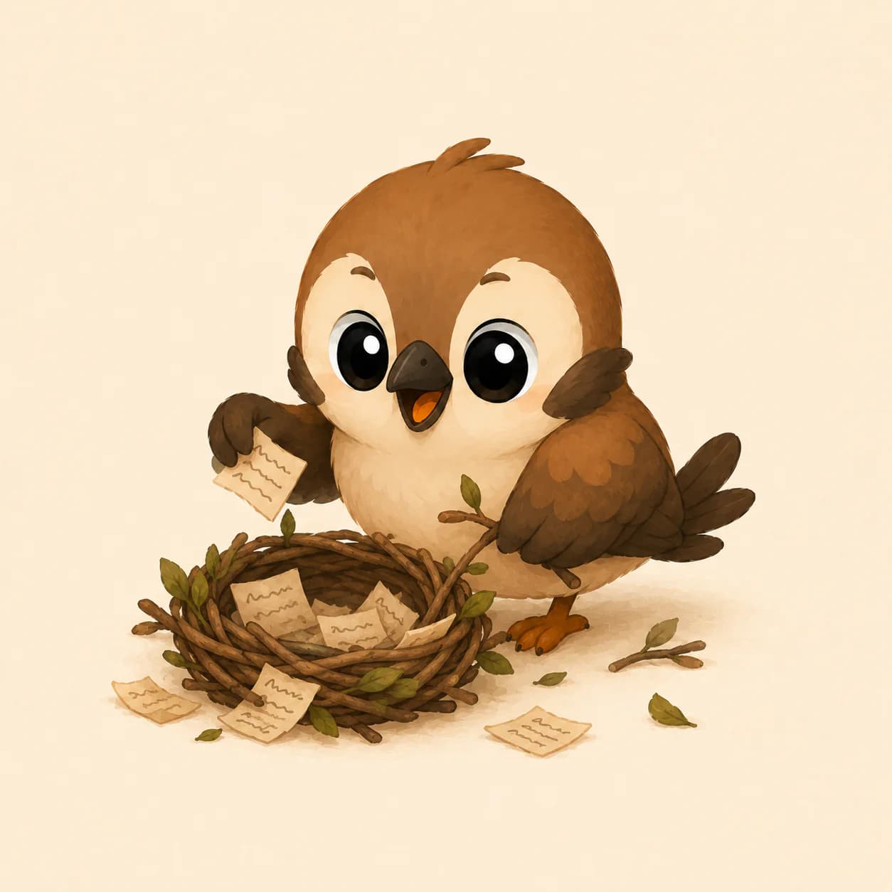 A Quipsly placing notes into a cozy research nest